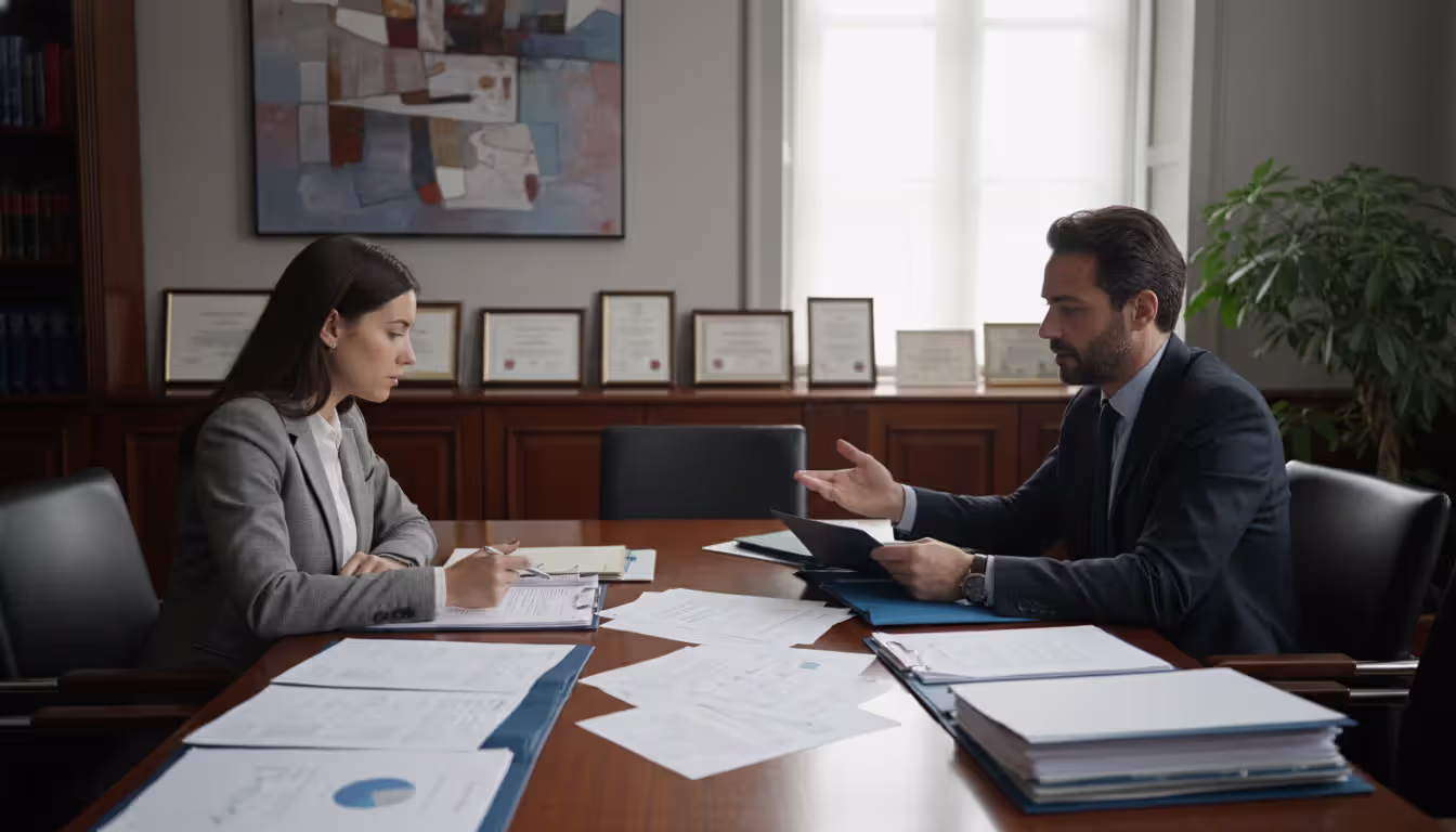 Two parents sitting across a table reviewing legal documents together in a neutral office setting, discussing custody decisions