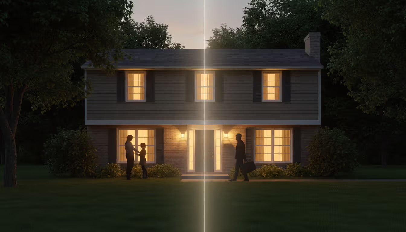 A suburban house at evening with warm light in windows, showing a parent with child inside and another parent arriving with a bag, illustrating bird's nest custody concept