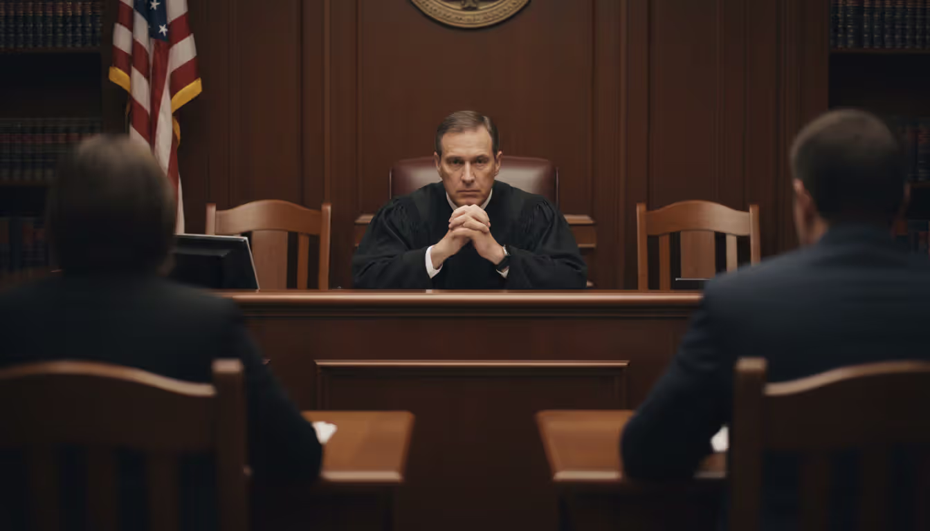 A judge in a robe sitting at a bench in a courtroom, listening attentively, with two blurred figures of parents seated on opposite sides in the foreground