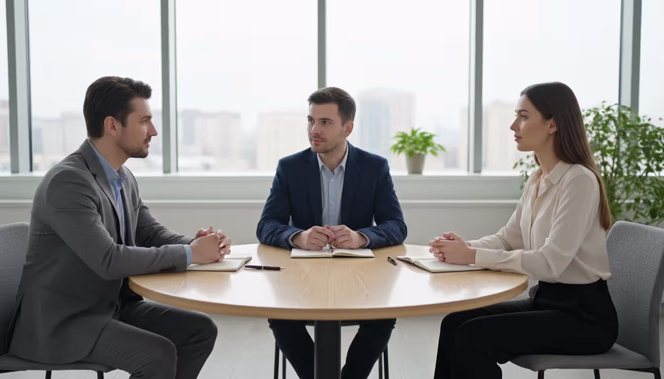 Two parents and a professional mediator sitting at a round table in a bright office, having a calm constructive discussion about a parenting plan