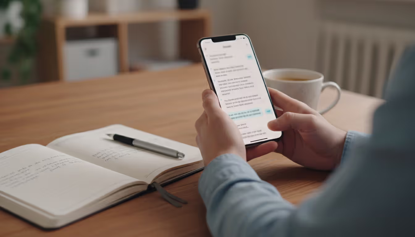 Close-up of hands holding a smartphone showing a text message conversation, with an open notebook and pen on a wooden table, representing documentation of custody-related communication