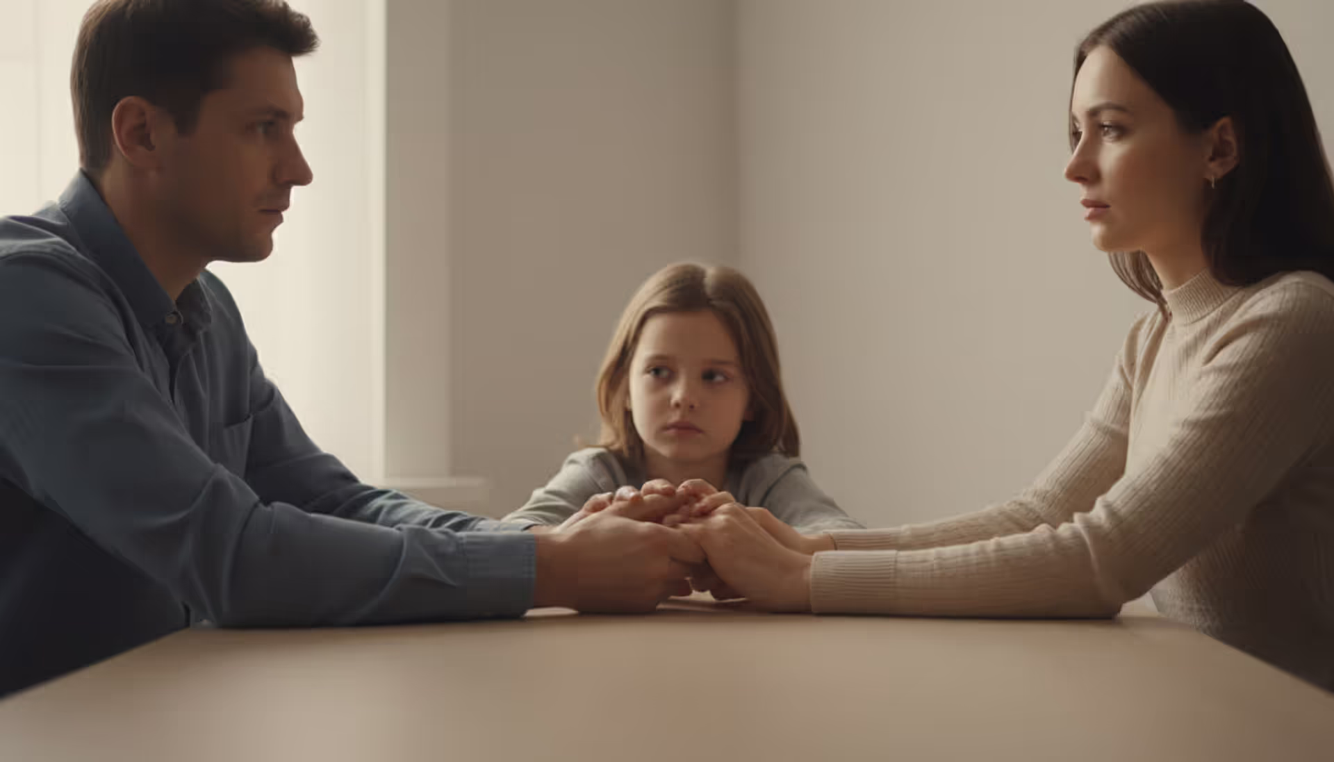 A child sitting between two parents at a table, holding both their hands, symbolizing shared custody and family connection