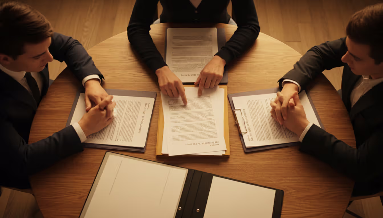 Overhead view of three people sitting around a round wooden table reviewing documents during a mediation session
