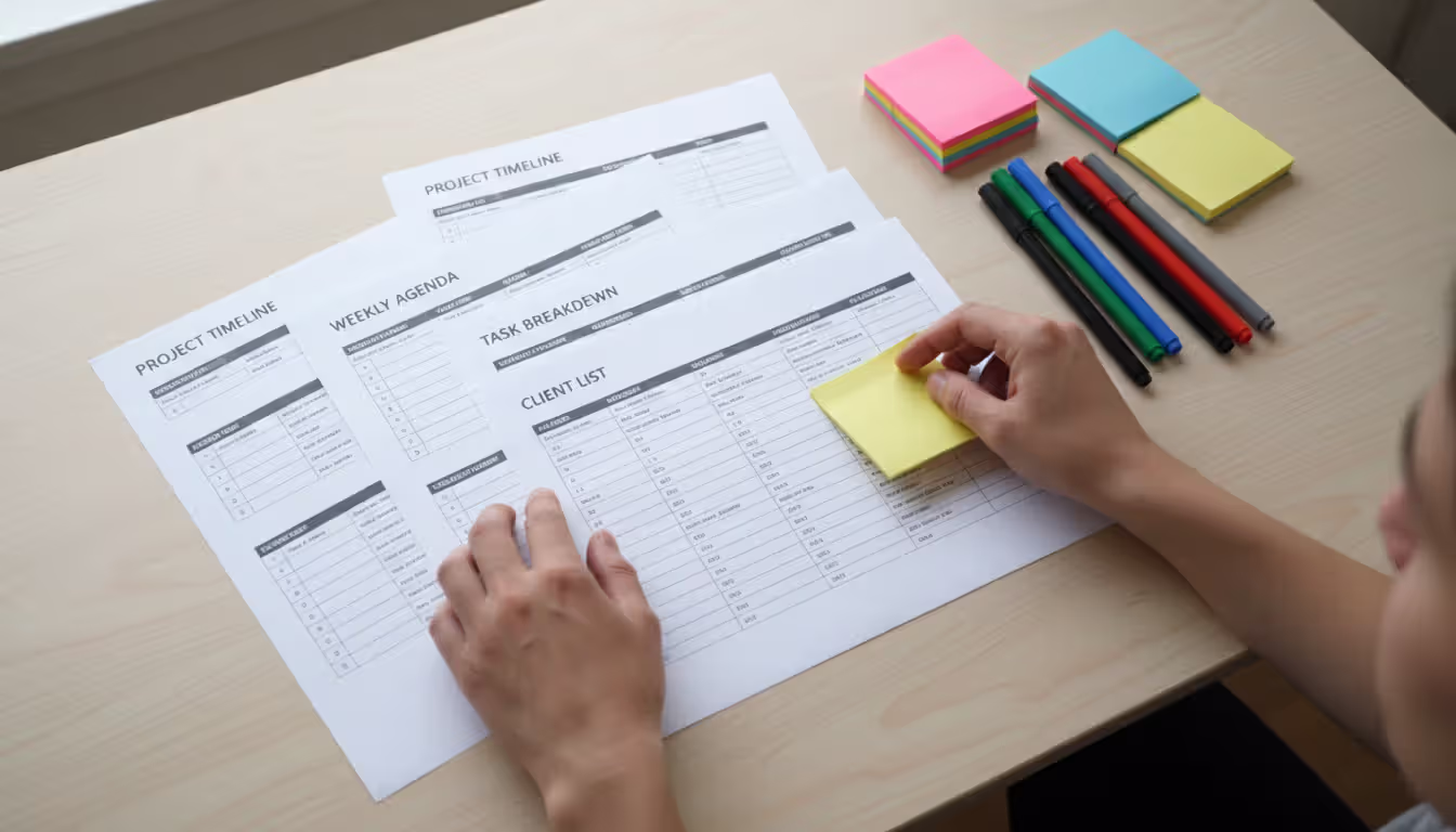 Hands organizing printed schedules and documents with colored sticky notes on a wooden desk in preparation for a mediation meeting
