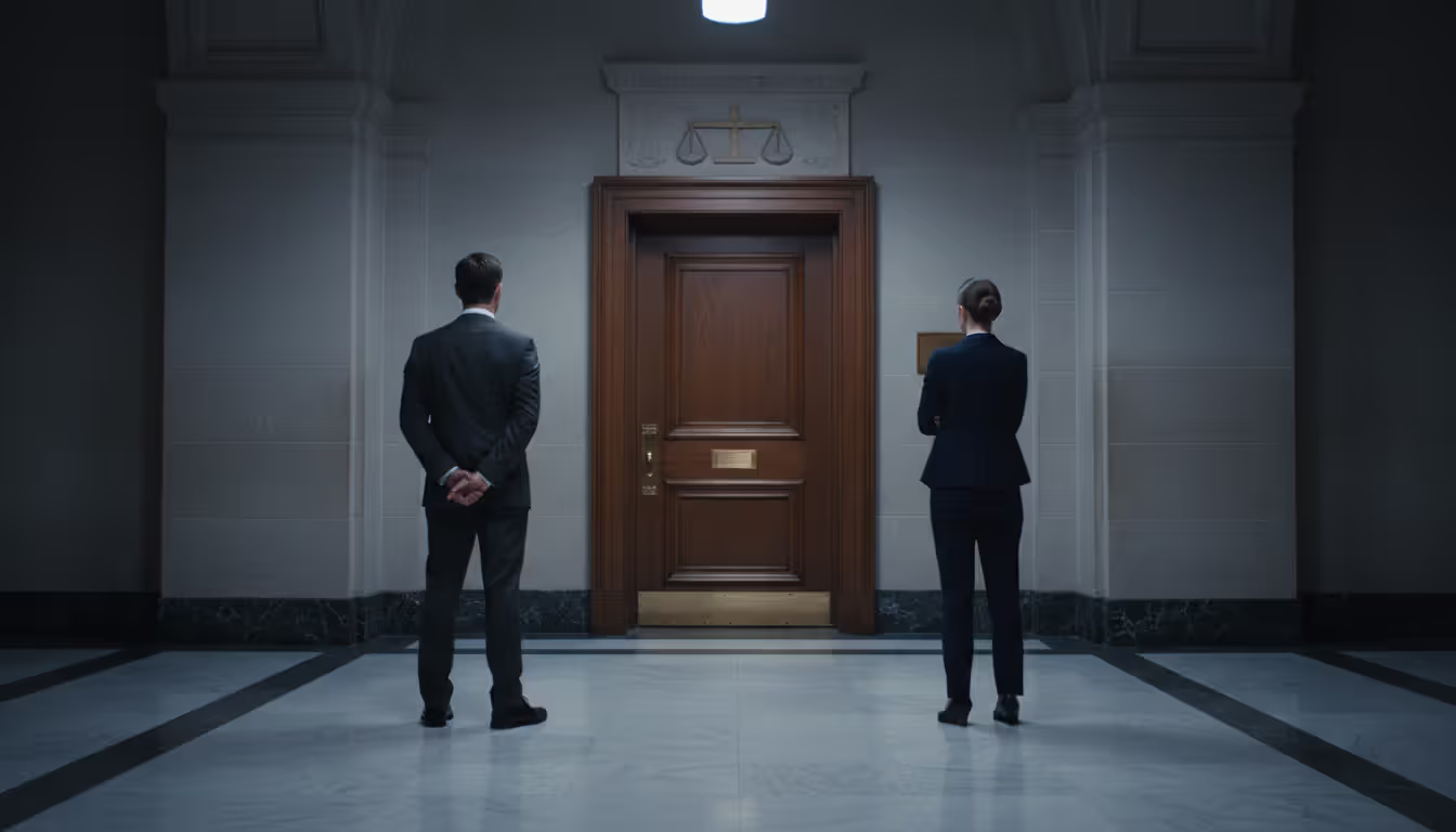 Man and woman standing apart in a courthouse corridor facing a closed courtroom door symbolizing the transition from mediation to litigation