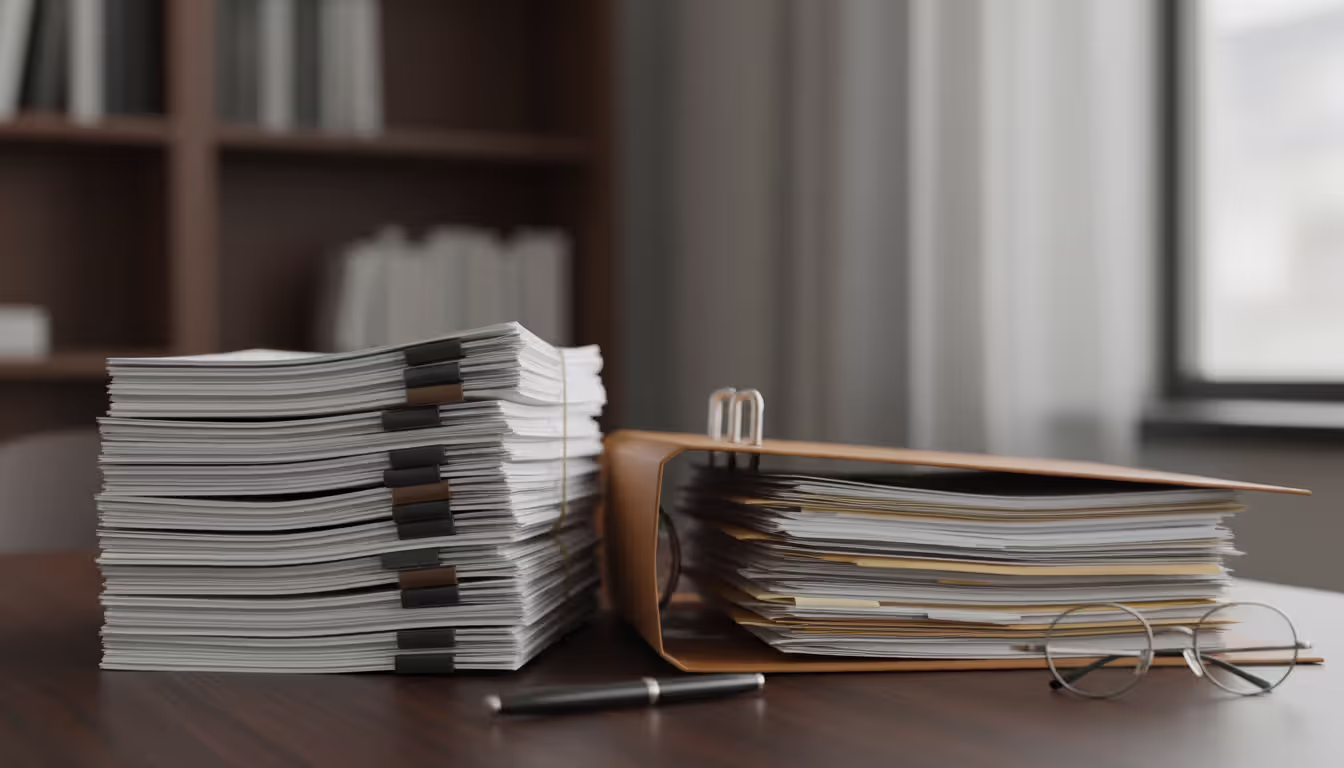 Stack of legal documents and a folder on a dark wooden office desk with a pen and glasses nearby