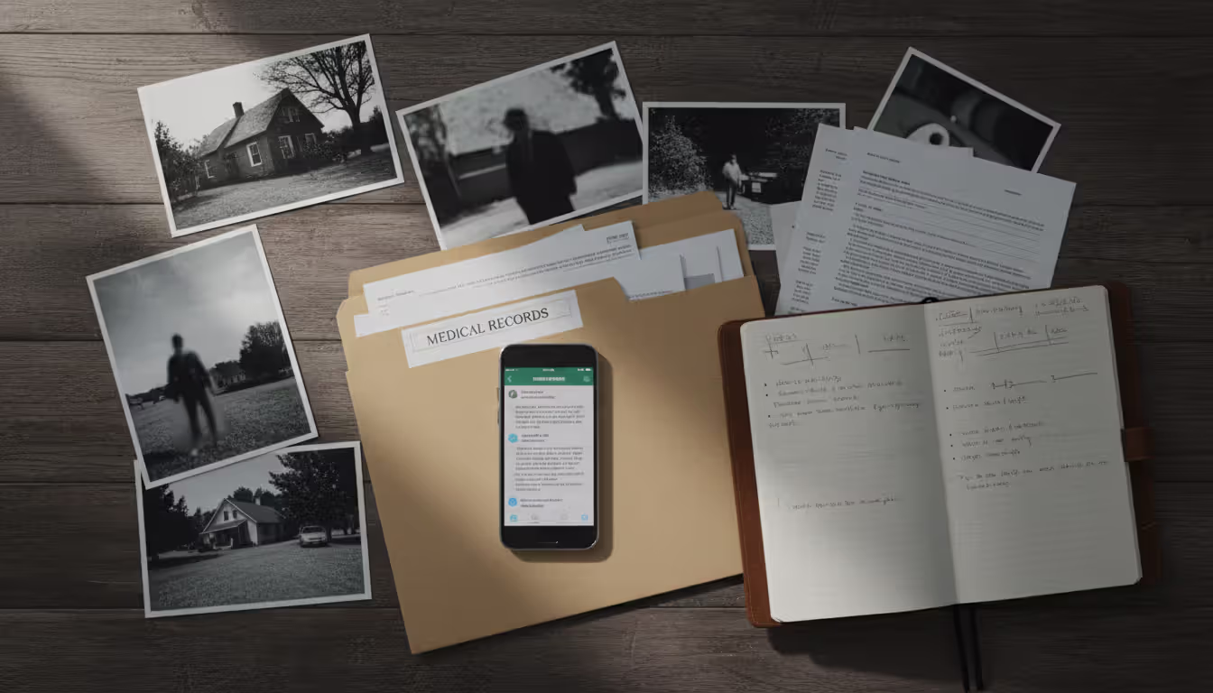 Top view of a desk with printed photos, a medical records folder, a notebook, and a smartphone showing a message screen as evidence preparation