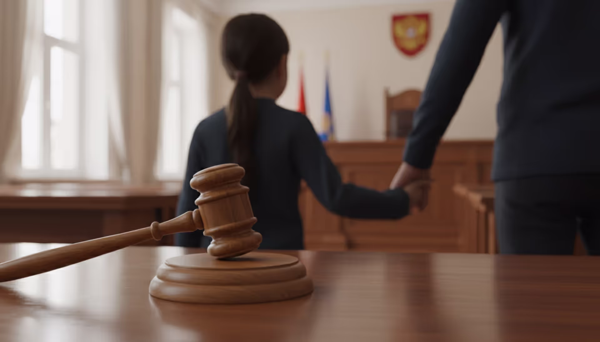 Judges gavel on courtroom desk with blurred silhouette of a parent holding a childs hand in soft daylight