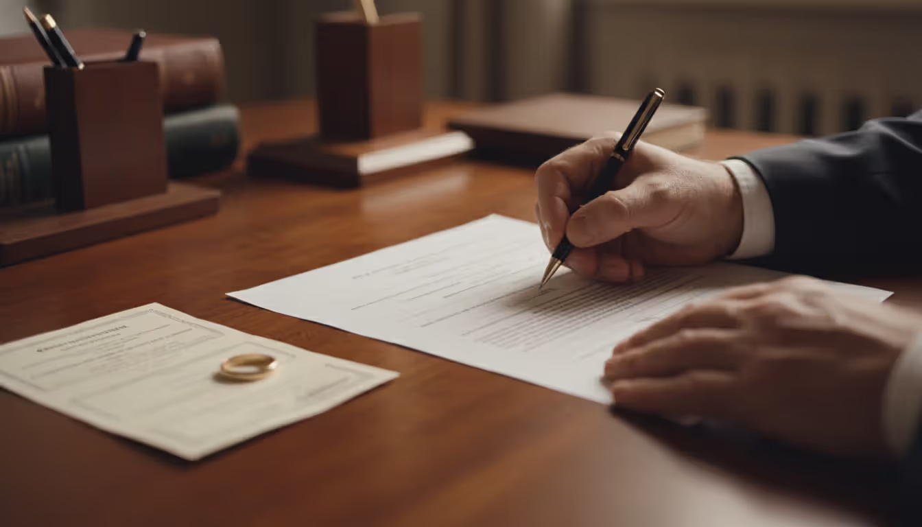Close-up of a mans hand signing a legal document on a desk with a wedding ring and birth certificate nearby