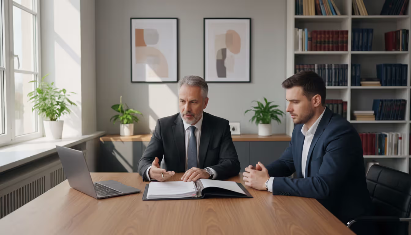 Male client and attorney sitting across a desk reviewing custody documents in a bright office