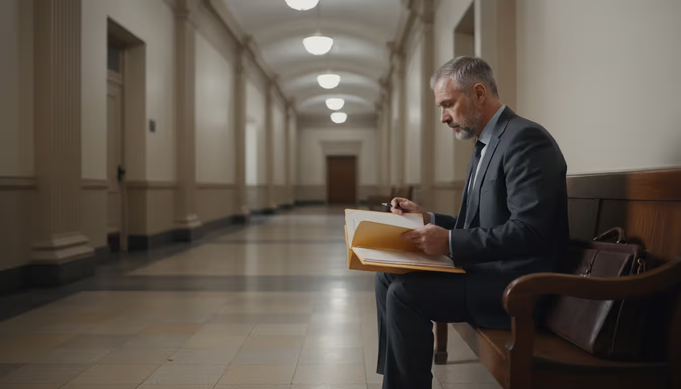 Man sitting alone on a courthouse bench reviewing documents in a folder while waiting for a hearing