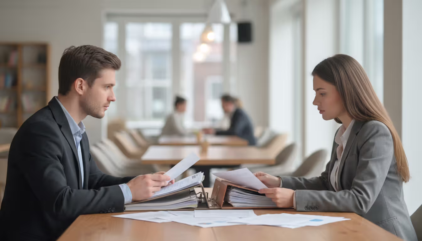 Two parents sitting across from each other at a table with legal documents, having a calm professional discussion about custody arrangements