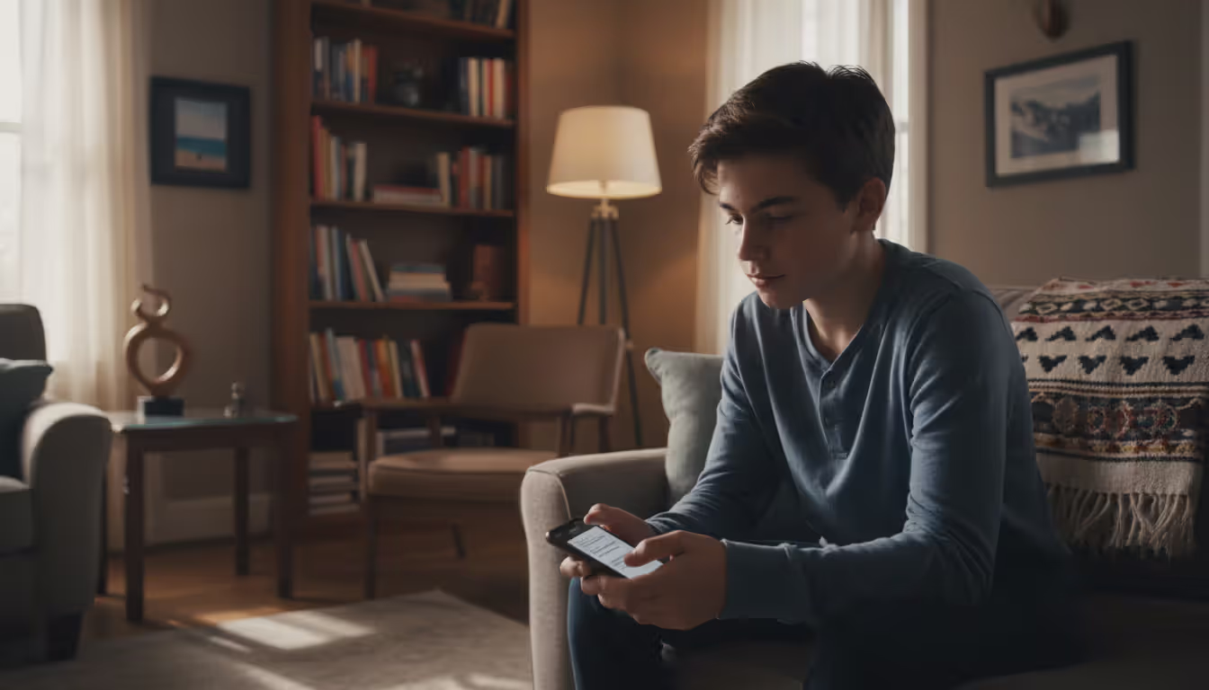 A thoughtful teenager sitting on a couch at home holding a smartphone, reflecting on life between two households during parents joint custody