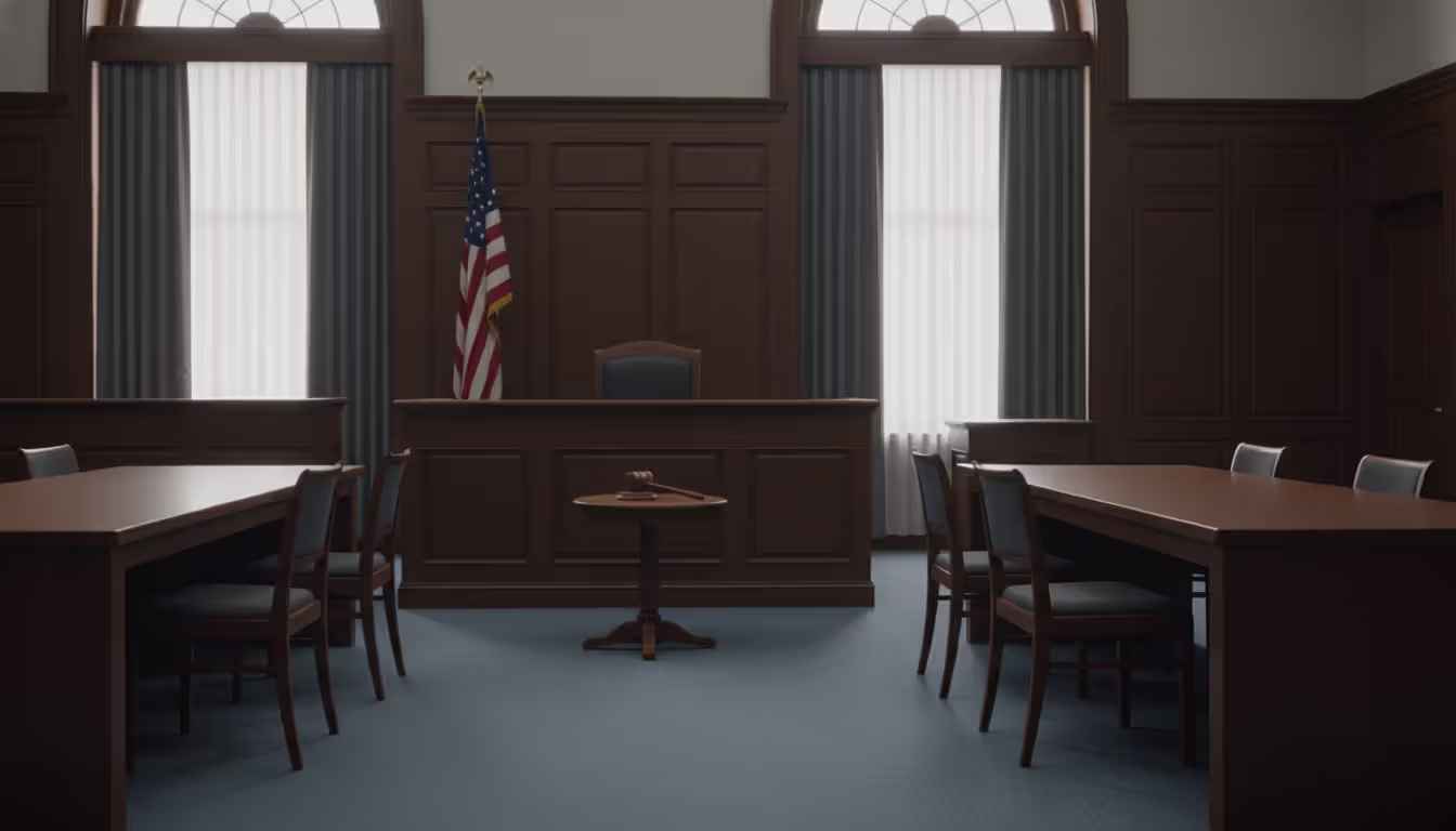An empty American courtroom interior with a judge bench, gavel, and American flag, representing family court custody proceedings