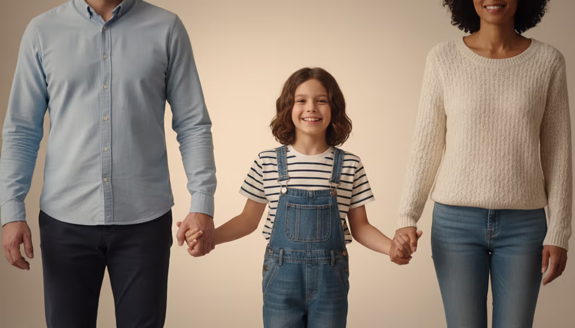 A smiling child holding hands with both parents standing on opposite sides in warm soft light, symbolizing shared parenting after divorce