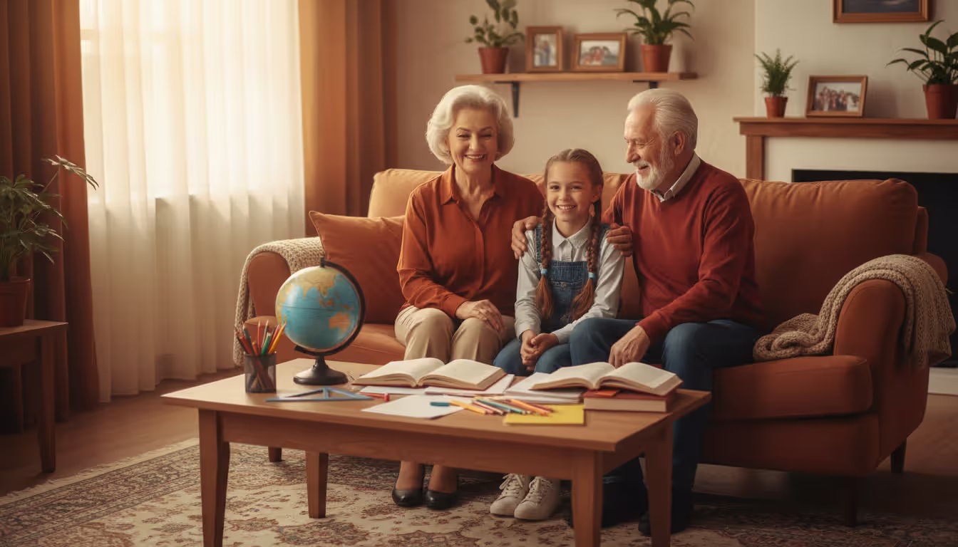 Grandparents sitting on a couch with two school-age children in a cozy living room with books and school supplies on a table