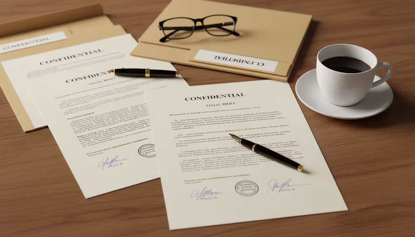 A top-down view of neatly arranged legal documents folders a pen glasses and a coffee cup on a wooden desk