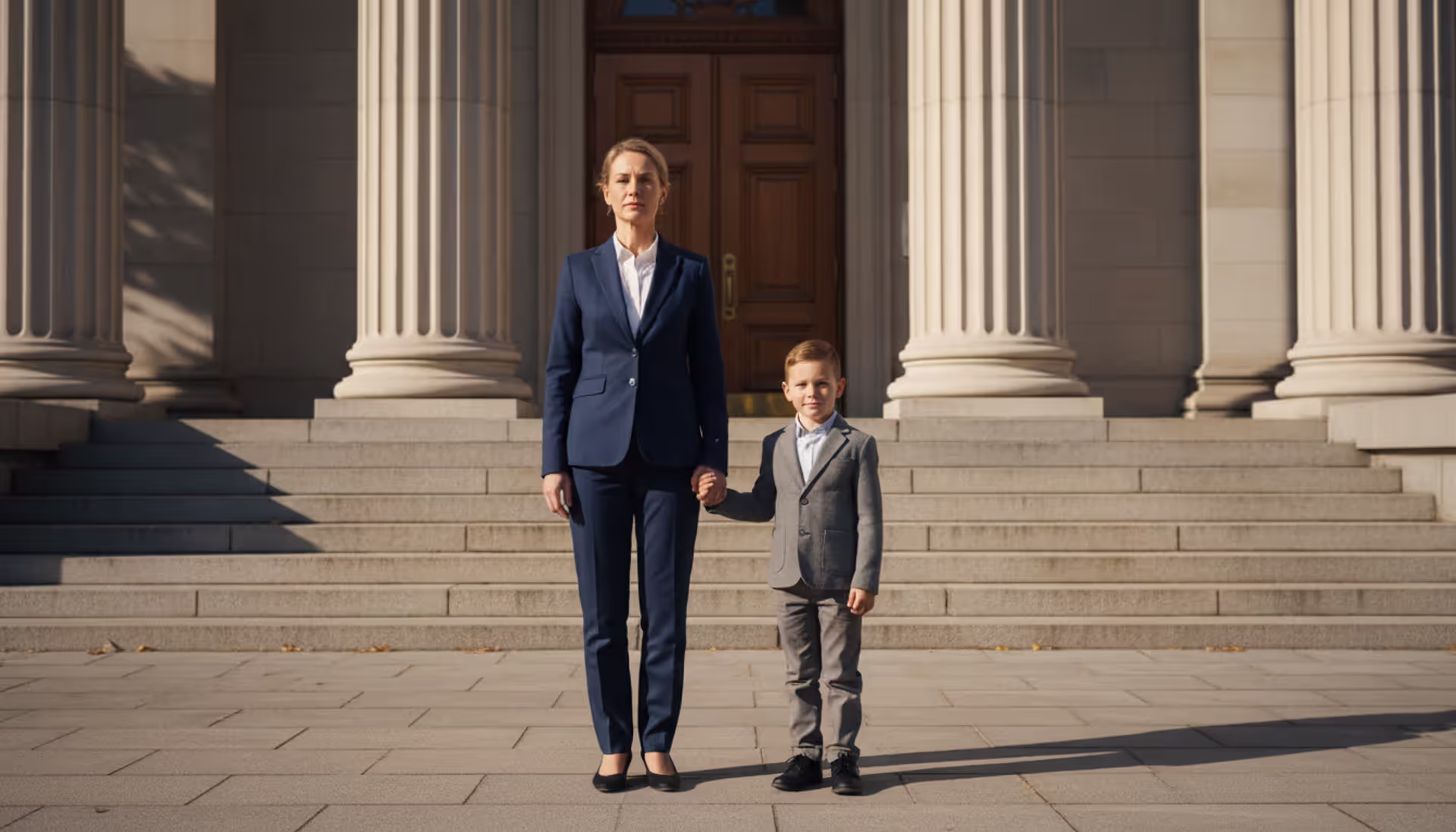 A middle-aged woman holding a young child's hand standing in front of a courthouse entrance with stone columns in warm daylight