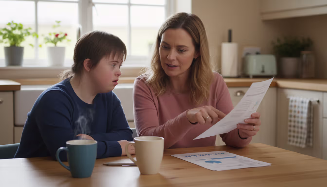 Young woman with Down syndrome and female supporter reviewing a document together at a kitchen table in a warm bright home
