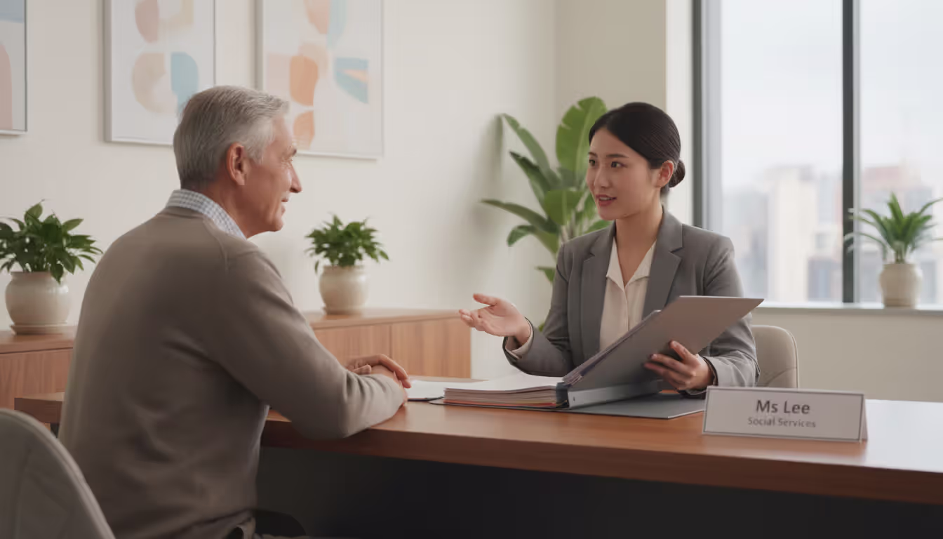 Elderly man talking with young female social worker across a desk in a modern social services office with documents and plants
