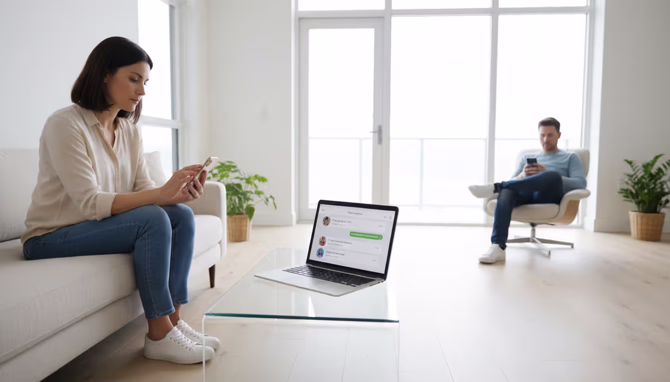 Two separated parents communicating through a co-parenting messaging app on their phones in a modern room with a laptop between them