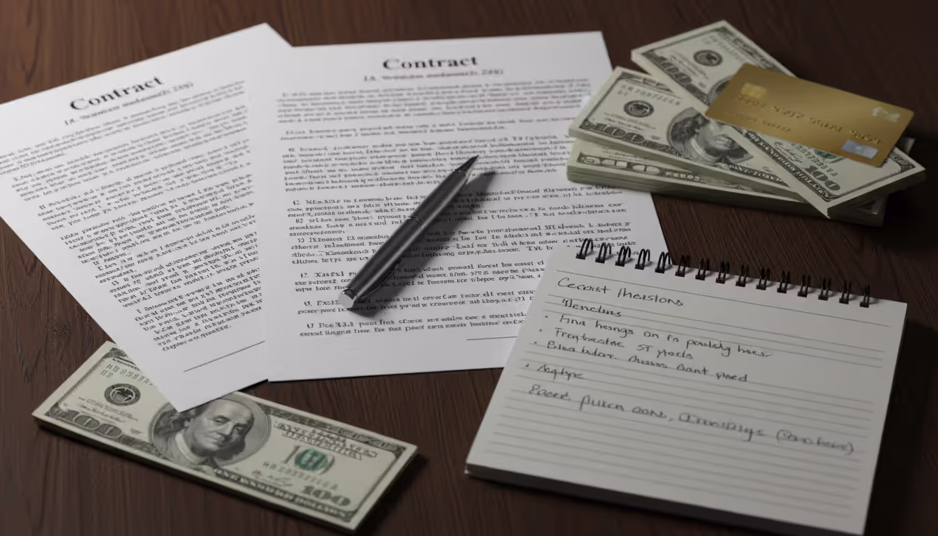 Top view of legal documents, a notebook, US dollar bills, and a credit card on a dark wooden desk representing legal service costs