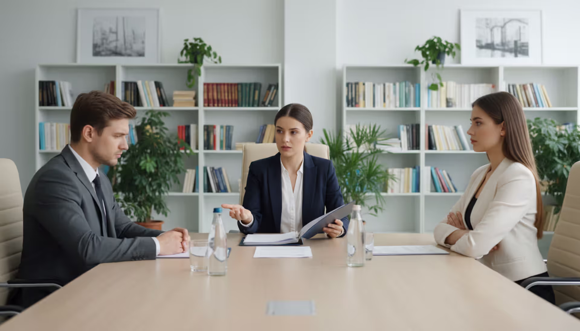 Professional female parenting coordinator sitting between two separated parents at an office desk, mediating a dispute in a calm professional setting