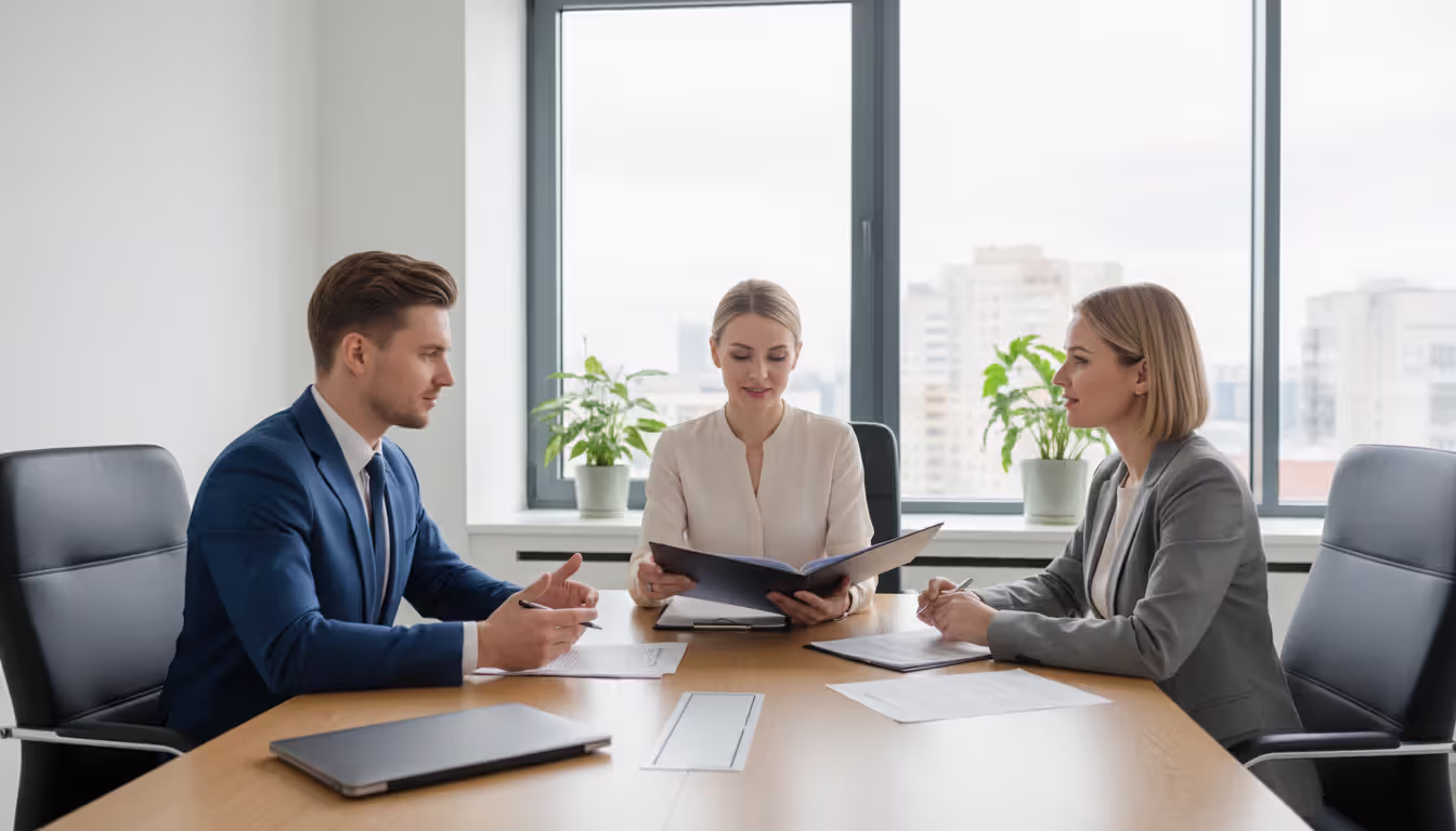Two parents sitting across from each other at a table with a mediator in a bright office during a co-parenting discussion