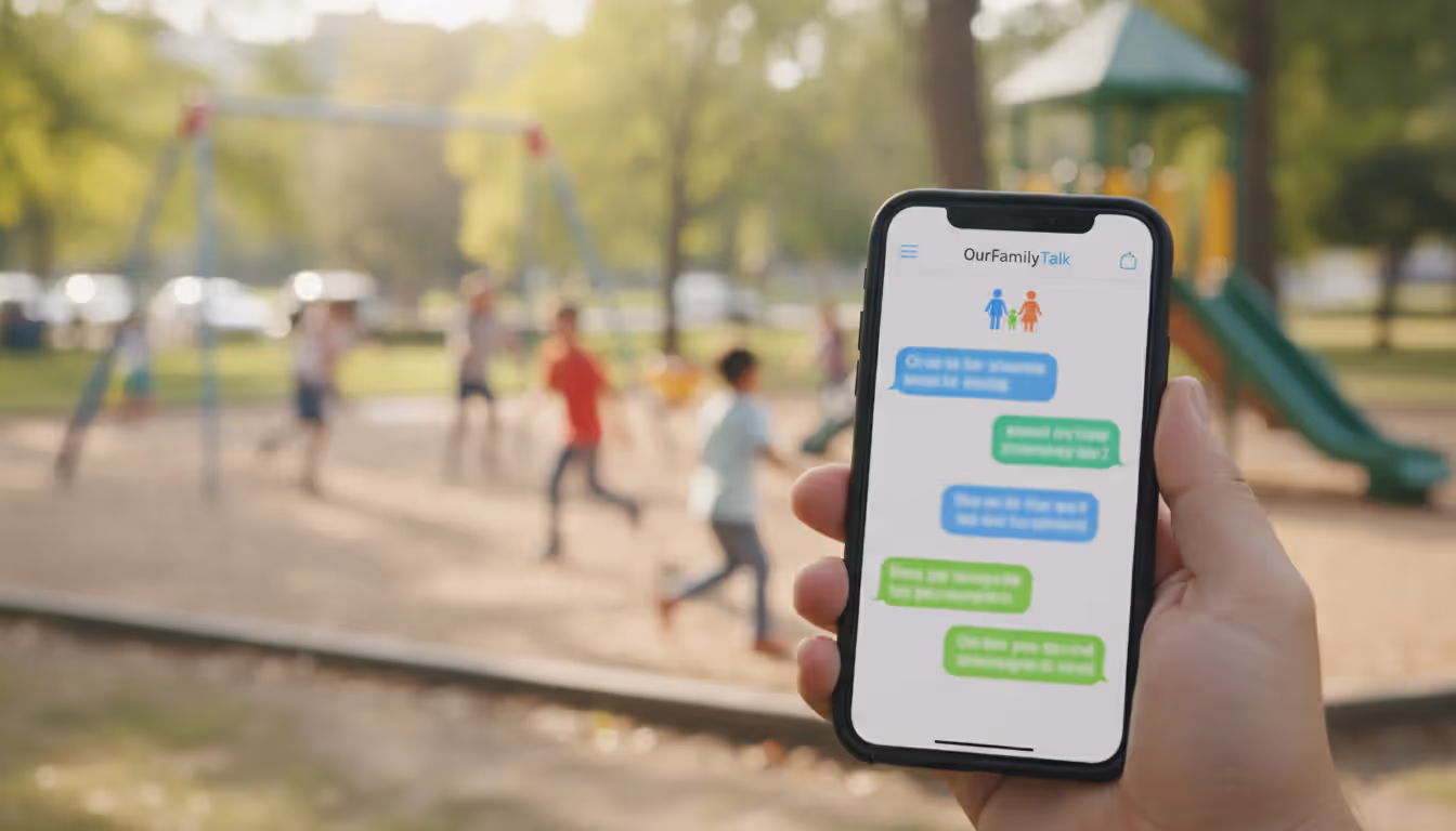 A parent holding a smartphone with a co-parenting messaging app open, blurred playground with children in the background