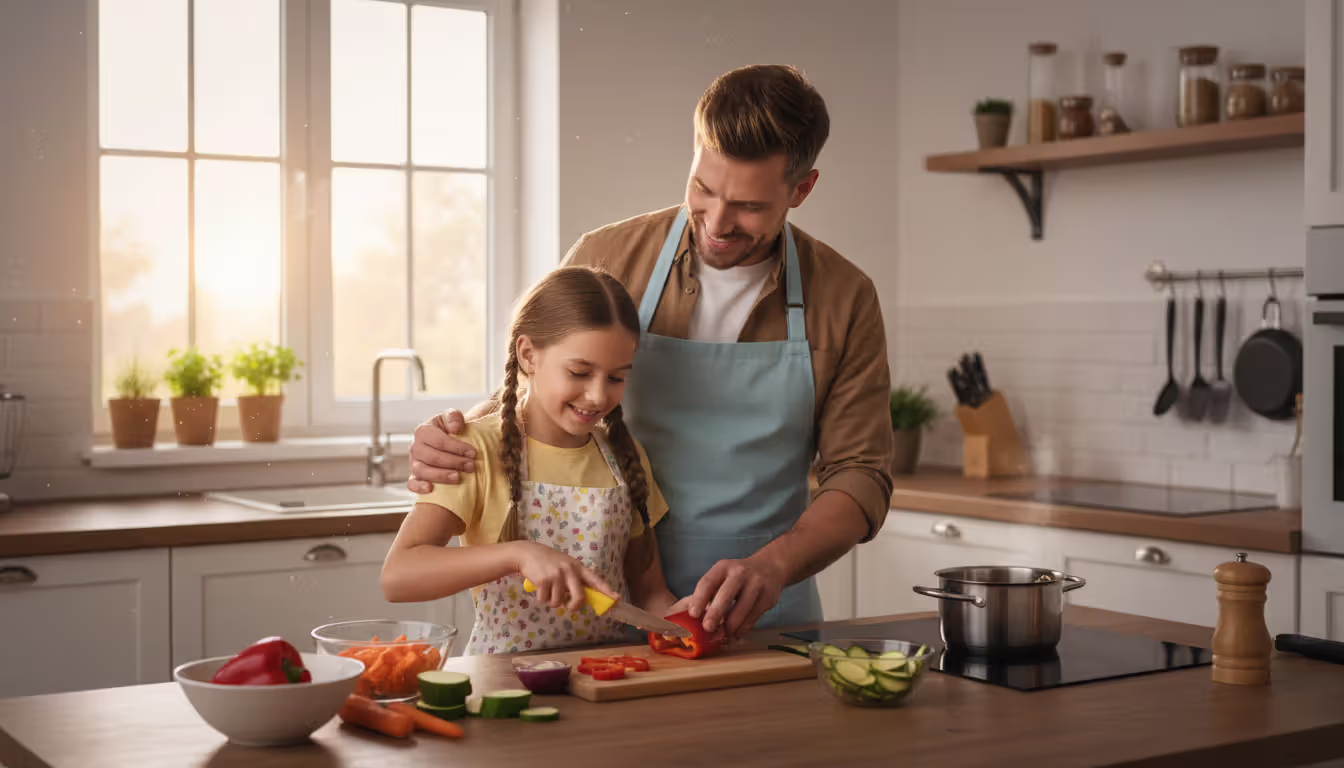 Father and school-age daughter cooking dinner together in a modern bright kitchen, warm family atmosphere