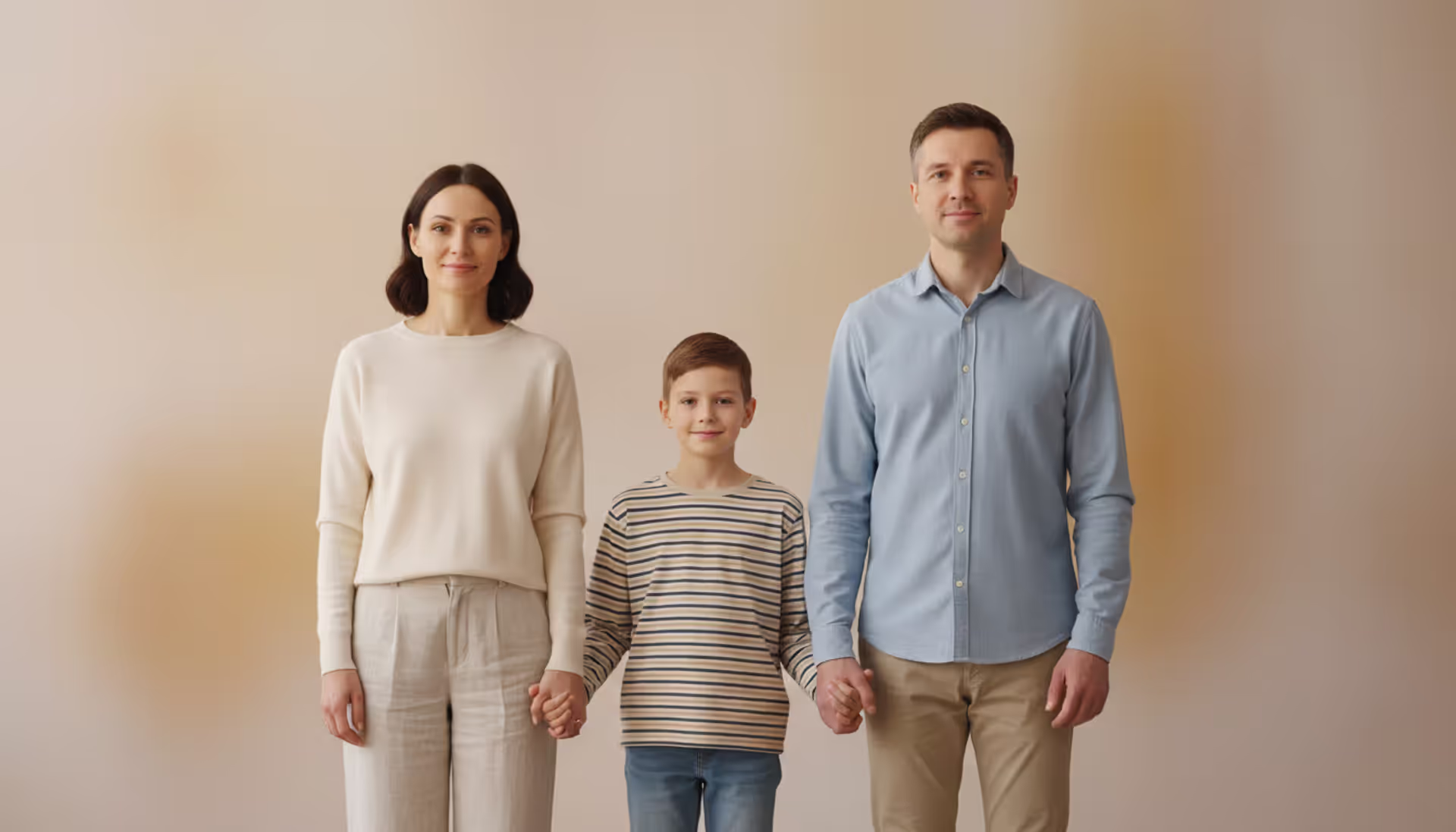 A child holding hands with both separated parents standing apart, warm neutral background, shared custody concept