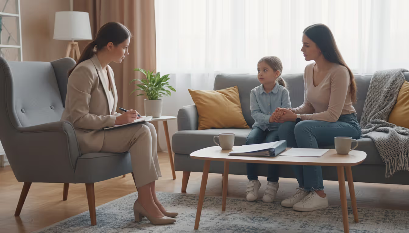 A female professional in business attire sitting in a living room across from a parent and child, taking notes during a custody evaluation home visit