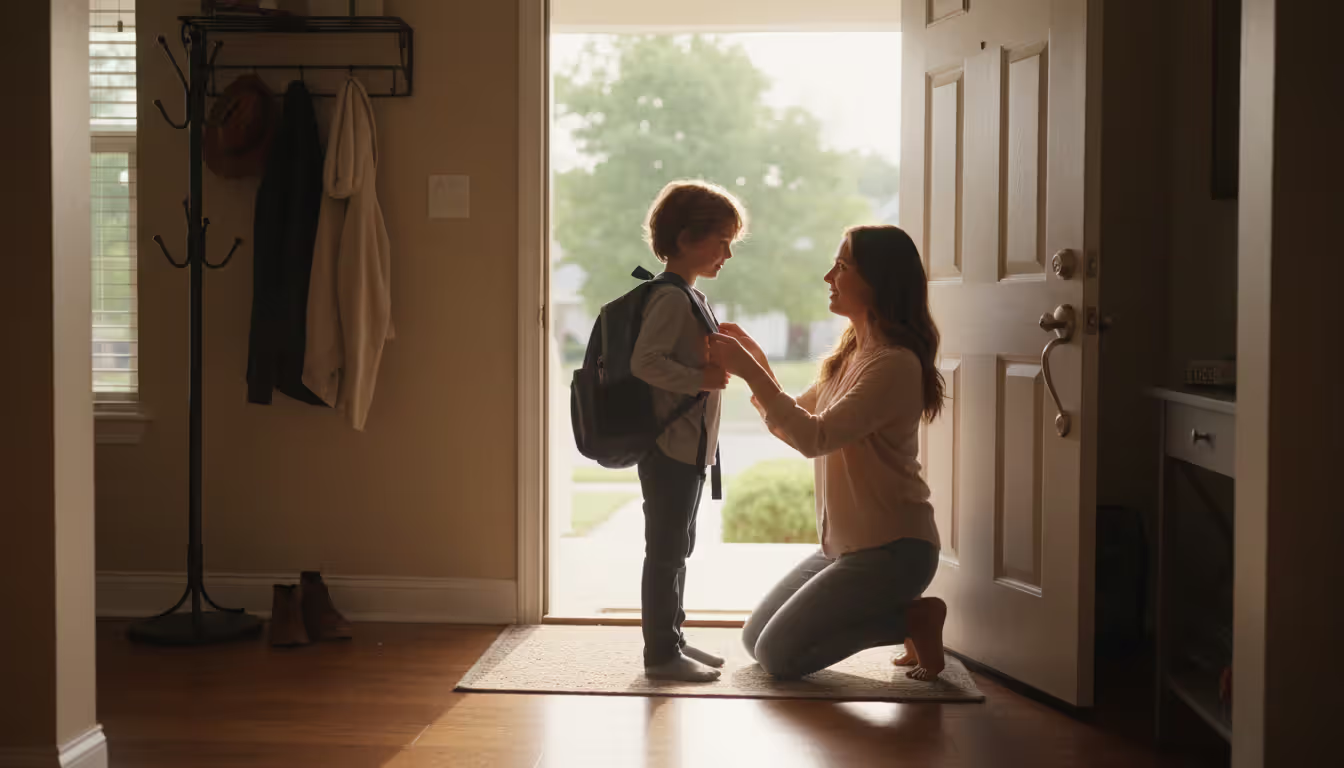 A parent kneeling beside a young child with a backpack near the front door of a home, preparing the child for school in warm morning light