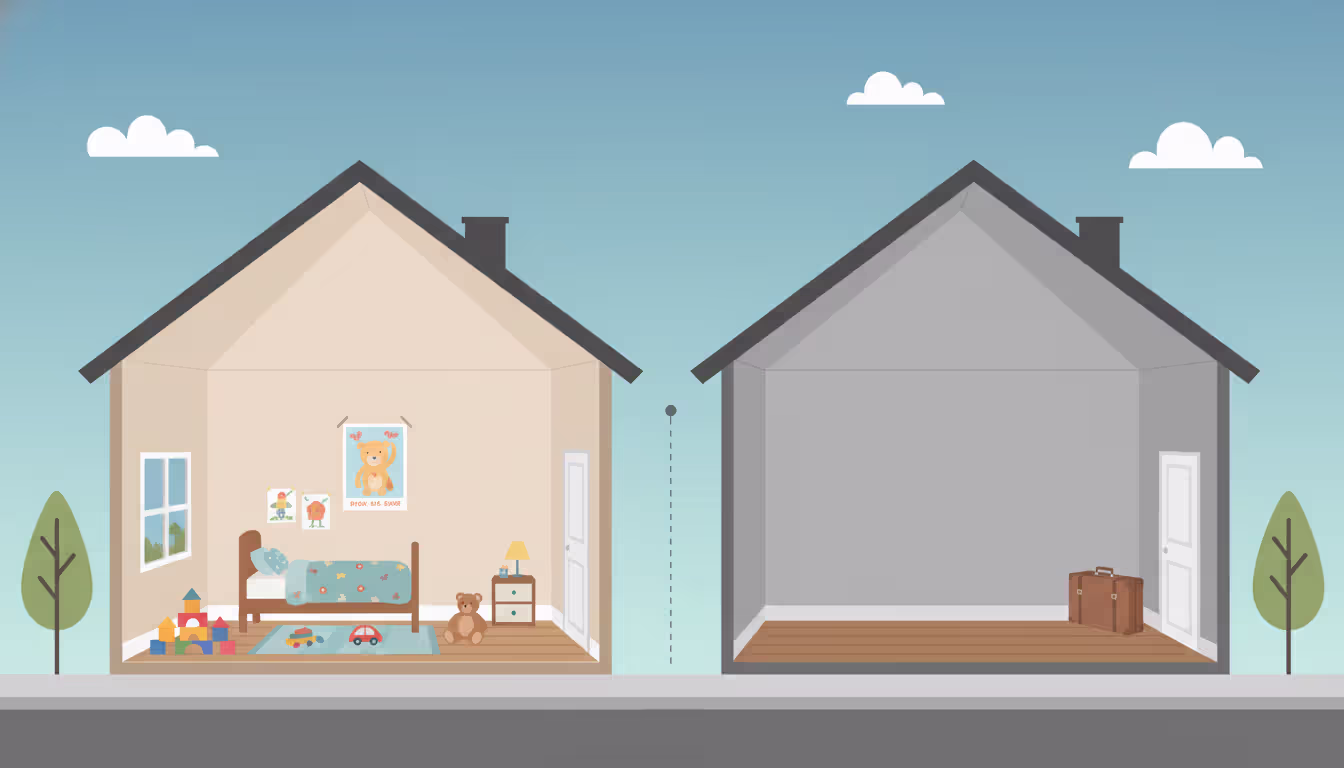 Two houses on the same street shown side by side, one with a furnished child bedroom and toys, the other with an empty room and a suitcase near the door, symbolizing split custody