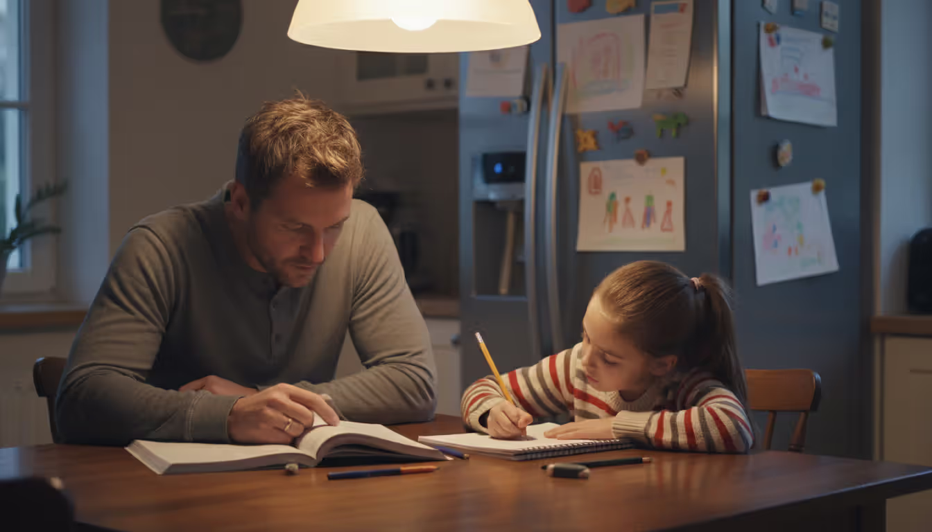 A father helping a child with homework at a kitchen table in the evening, with an open textbook, warm lamp light, and children's drawings on the refrigerator in the background