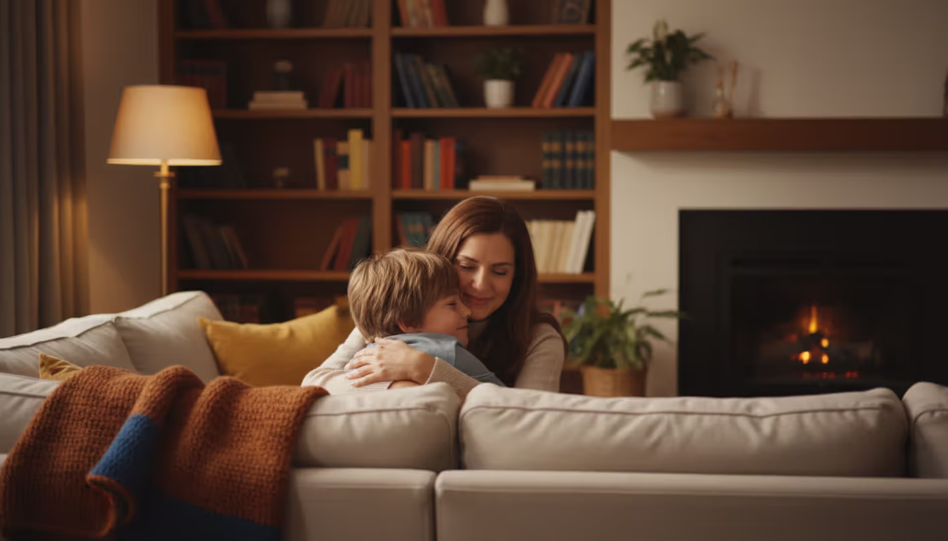 A parent sitting on a couch in a cozy living room, warmly embracing a school-age child, with bookshelves and soft lighting in the background