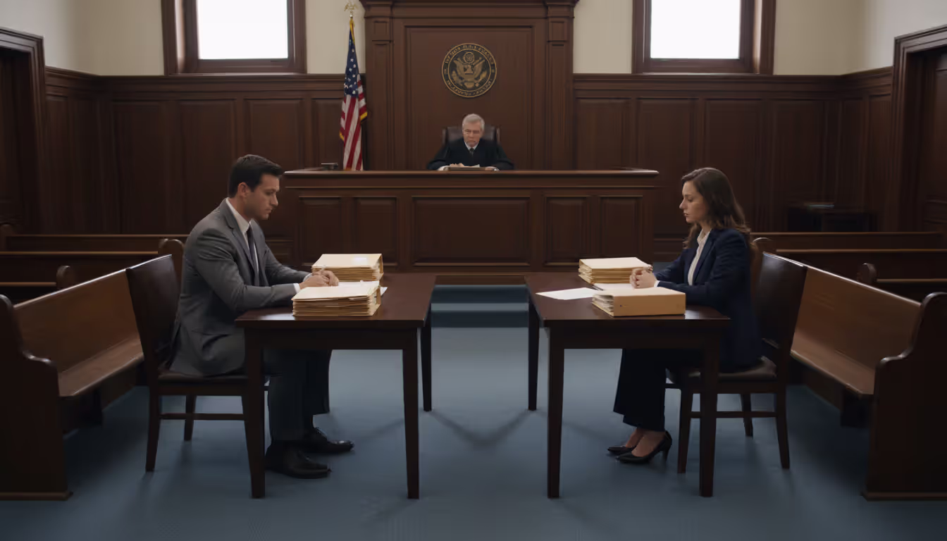 Family courtroom with a judge at the bench and two parents sitting at separate tables with document folders, no jury present