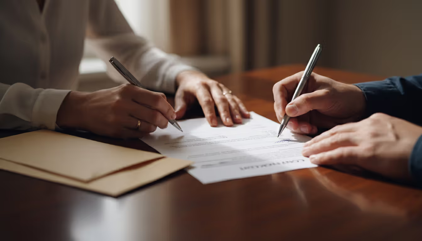 Close-up of two people signing a document on a wooden table, papers neatly arranged, in a calm and cooperative atmosphere