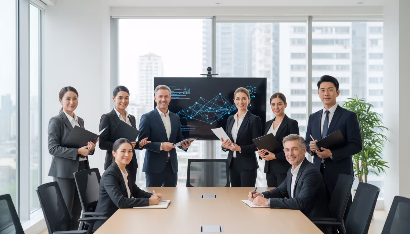Team of diverse professionals including lawyers coaches and financial advisors standing together in a bright conference room holding folders and notebooks