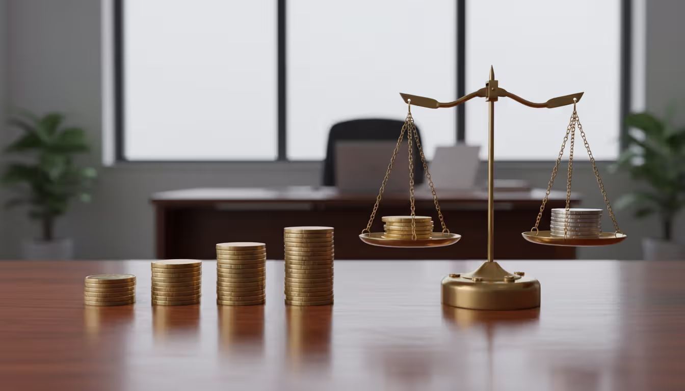 Stacks of coins of varying heights on a wooden desk next to a balance scale of justice with blurred office background symbolizing financial decisions in divorce