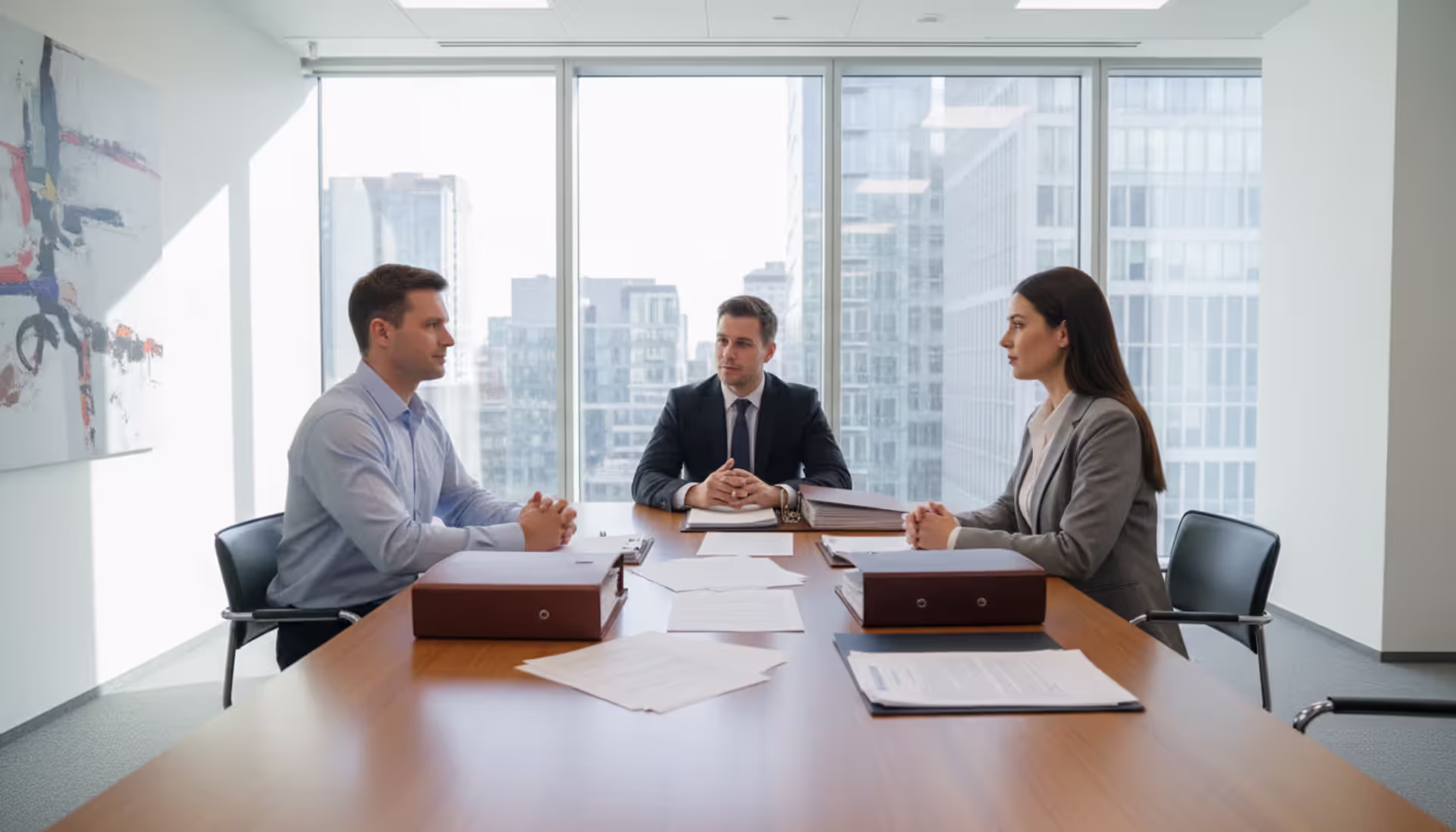 Two couples sitting across from each other at a conference table with their attorneys during a collaborative divorce meeting in a modern bright office