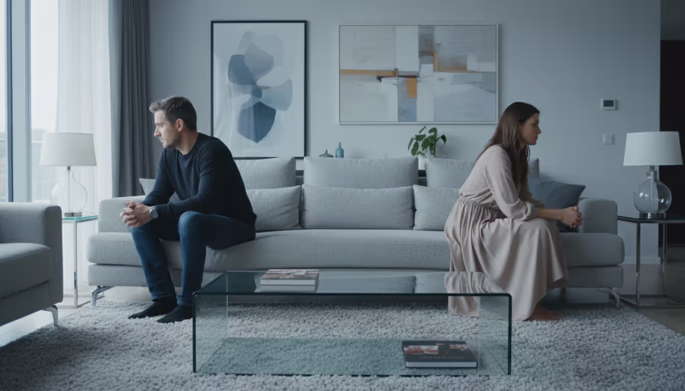 A man and a woman sitting on opposite ends of a couch in a living room looking away from each other with emotional distance between them