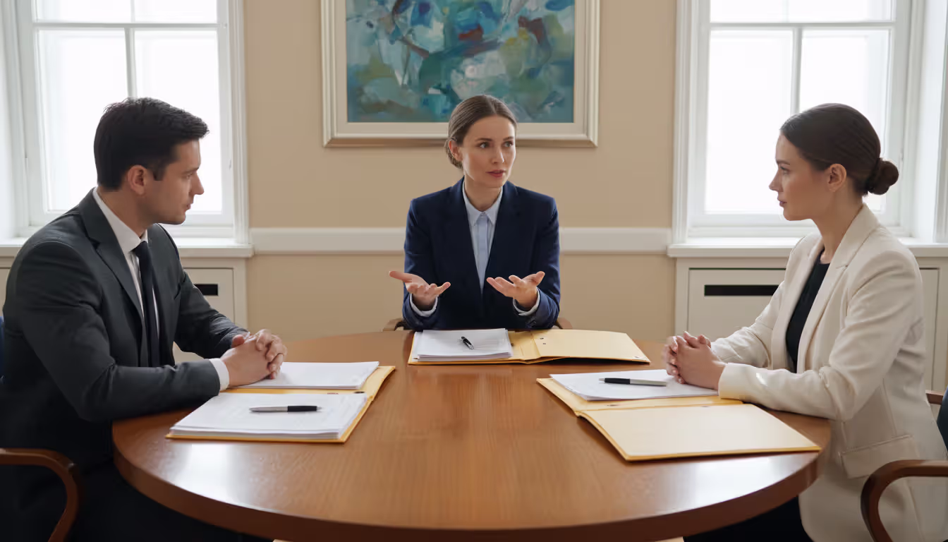 Two people and a mediator sitting at a round table in a bright office during a collaborative divorce meeting with documents on the table