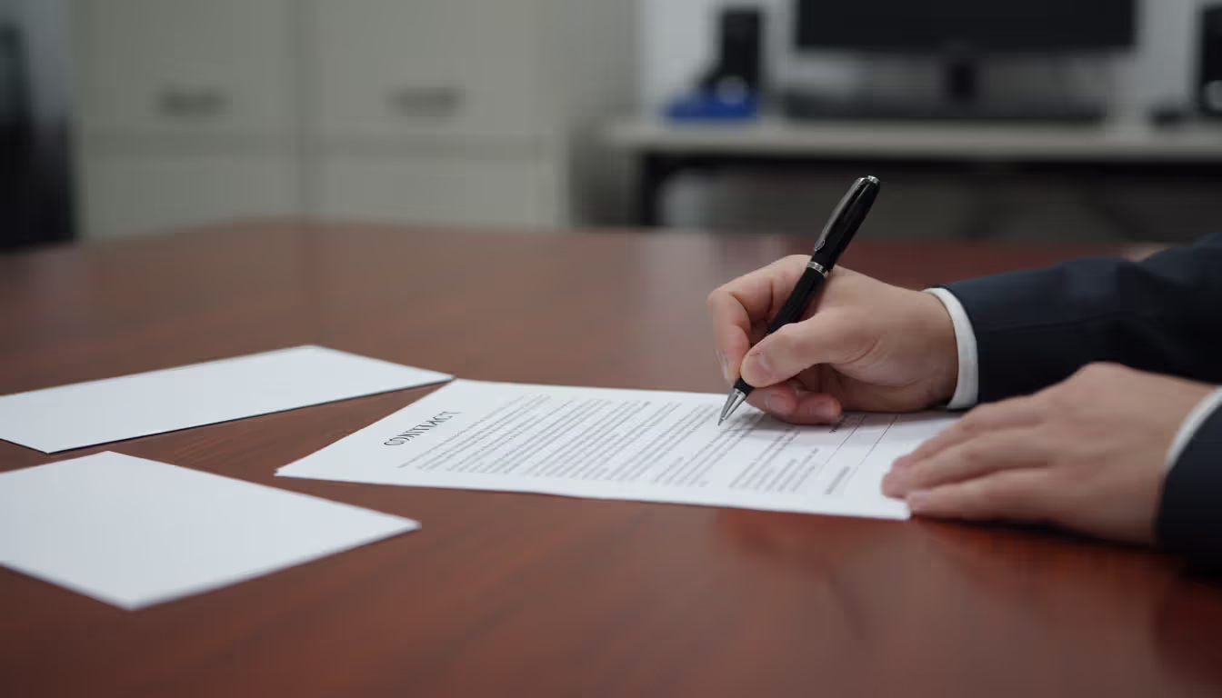 Close-up of hands signing an official legal document with a pen on a wooden desk with papers nearby