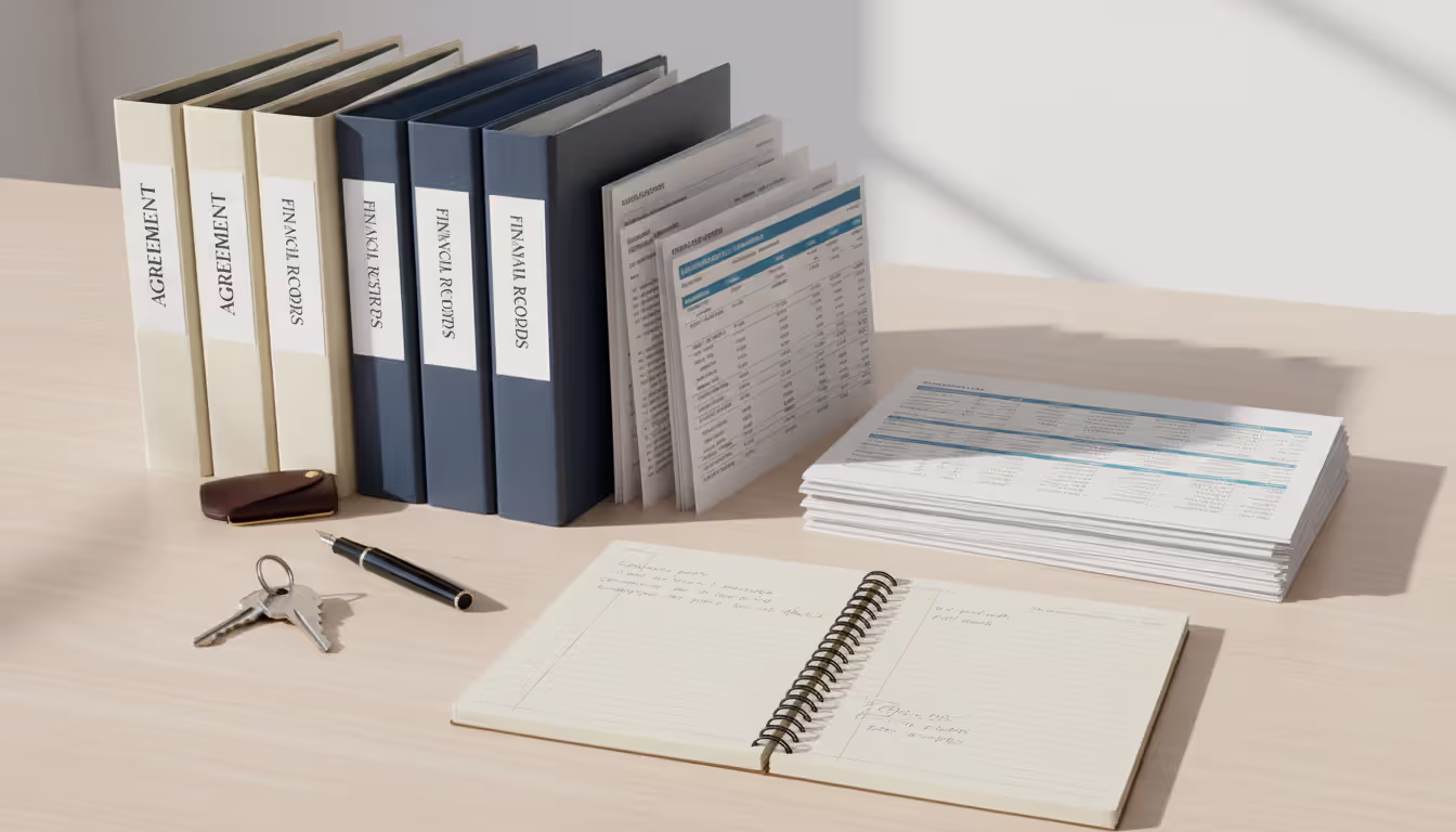 Flat lay of financial documents, folders, house keys, a pen, and a notebook arranged on a light-colored desk for divorce preparation