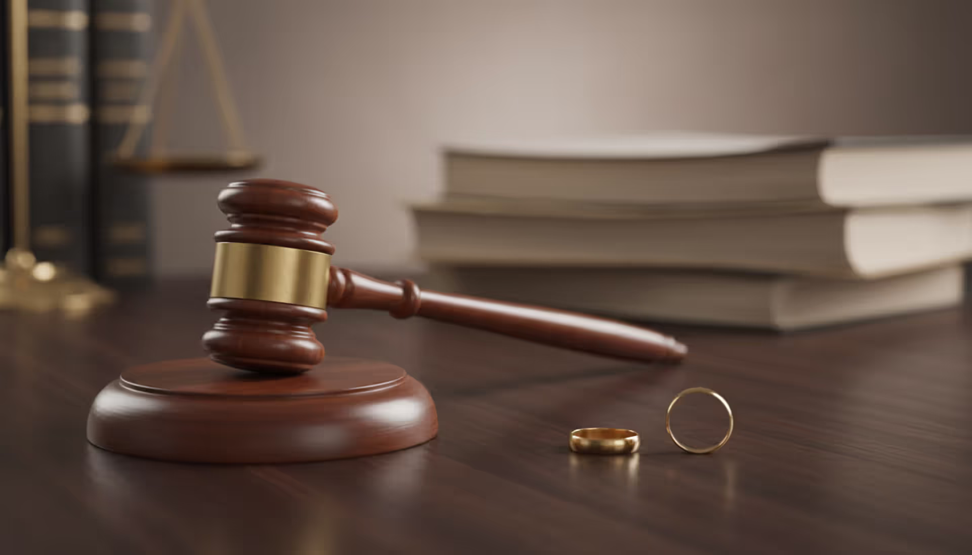 Gold wedding rings next to a wooden gavel on a dark desk with legal documents in the blurred background