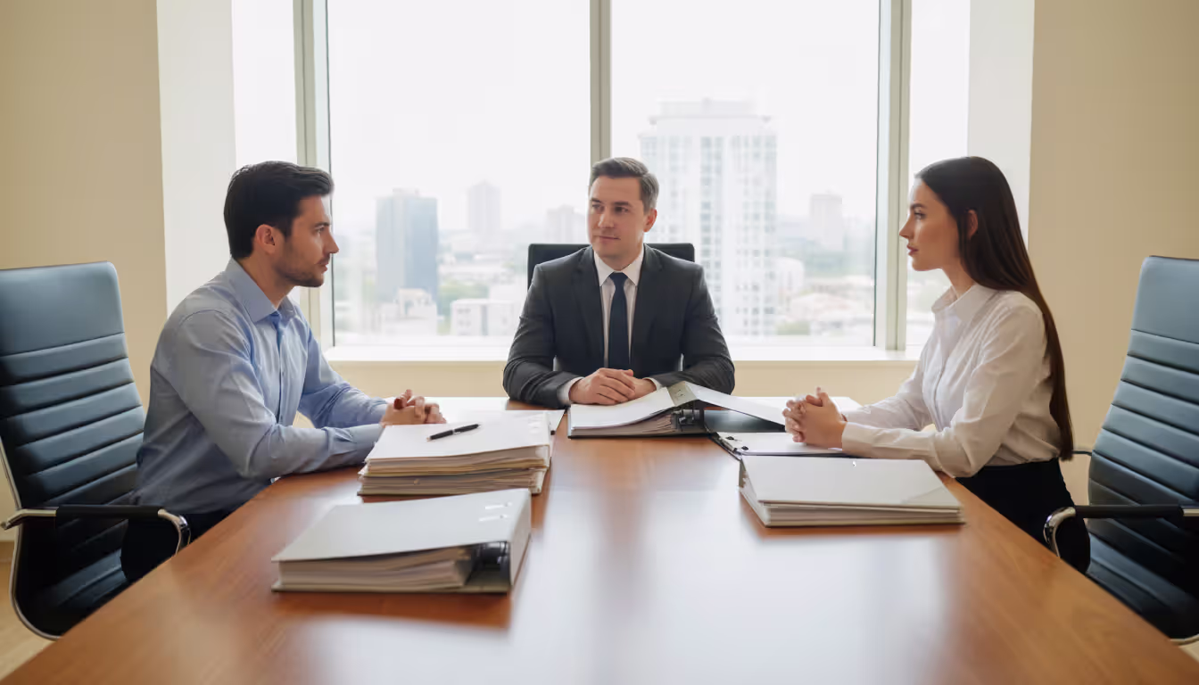 Two people sitting on opposite sides of a table with a mediator between them in a bright office discussing documents