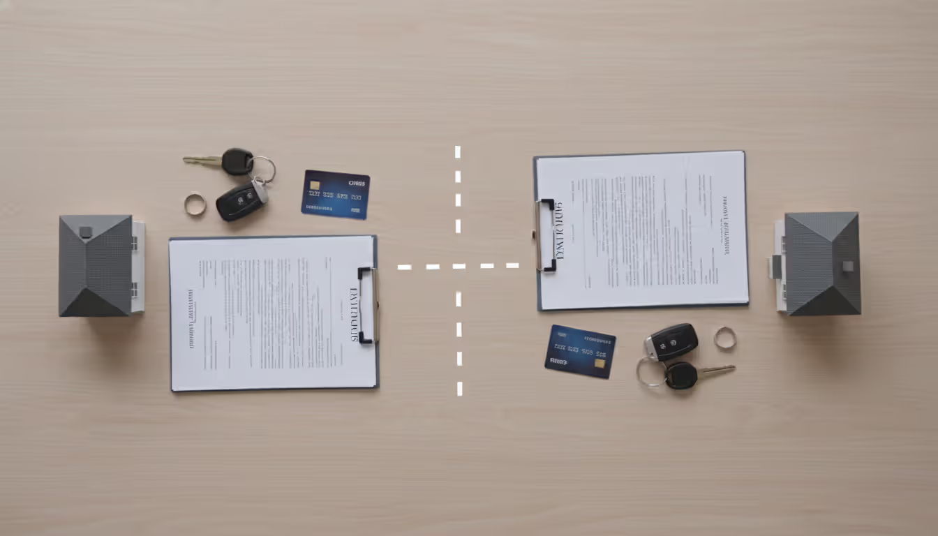 Top view of a table with a miniature house model car keys documents bank cards and a ring divided into two equal groups