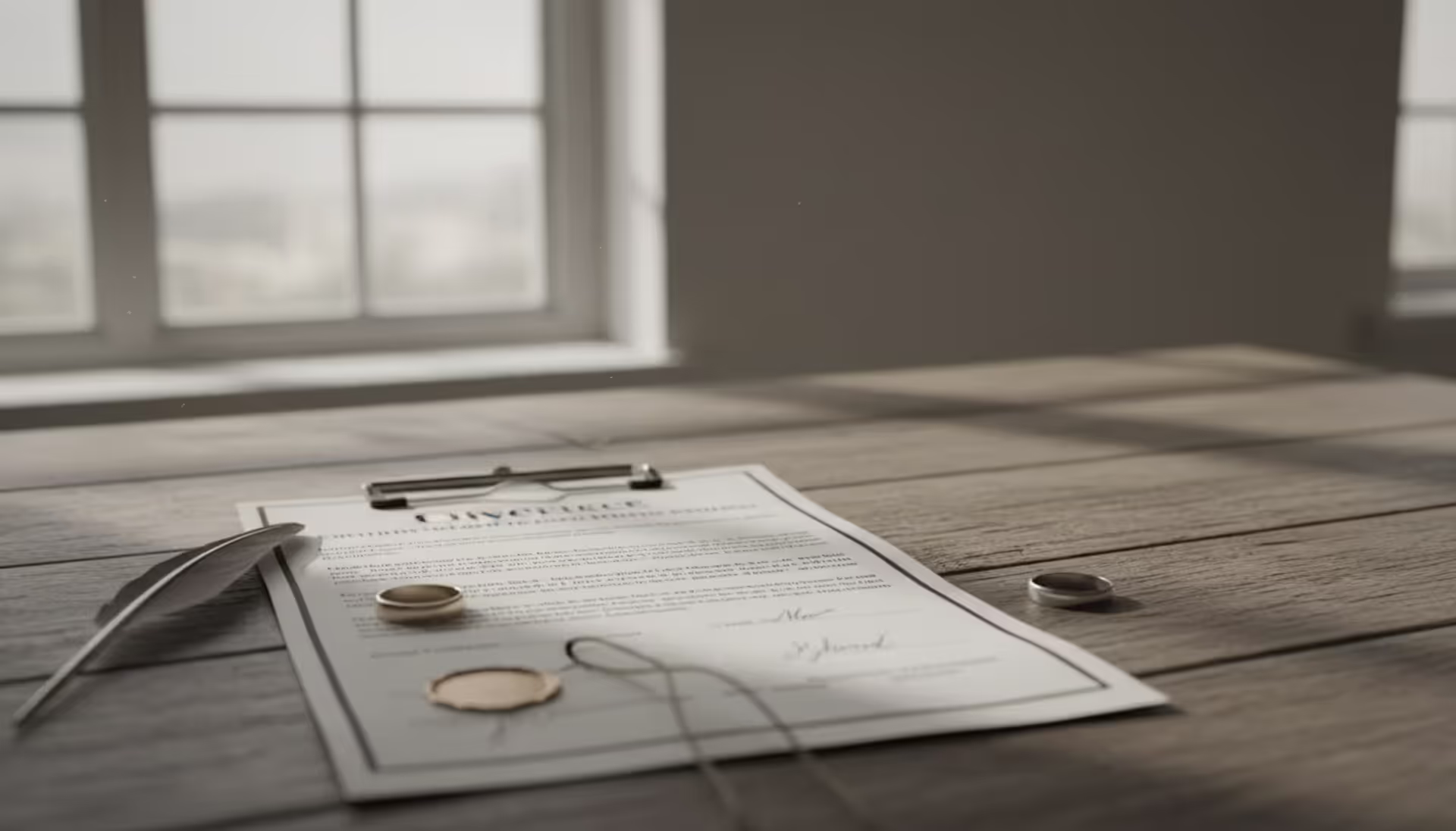 Legal divorce document on a wooden desk with a pen and two separated wedding rings in soft daylight
