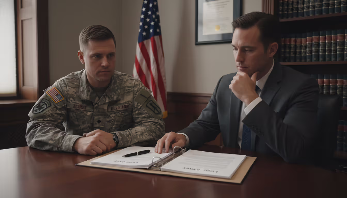 Military service member in uniform sitting at a table with a civilian spouse reviewing legal documents with an American flag in the background